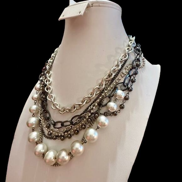 Simply Vera Wang Silver Pearl Gunmetal Multi Strand Necklace - Picture 1 of 8